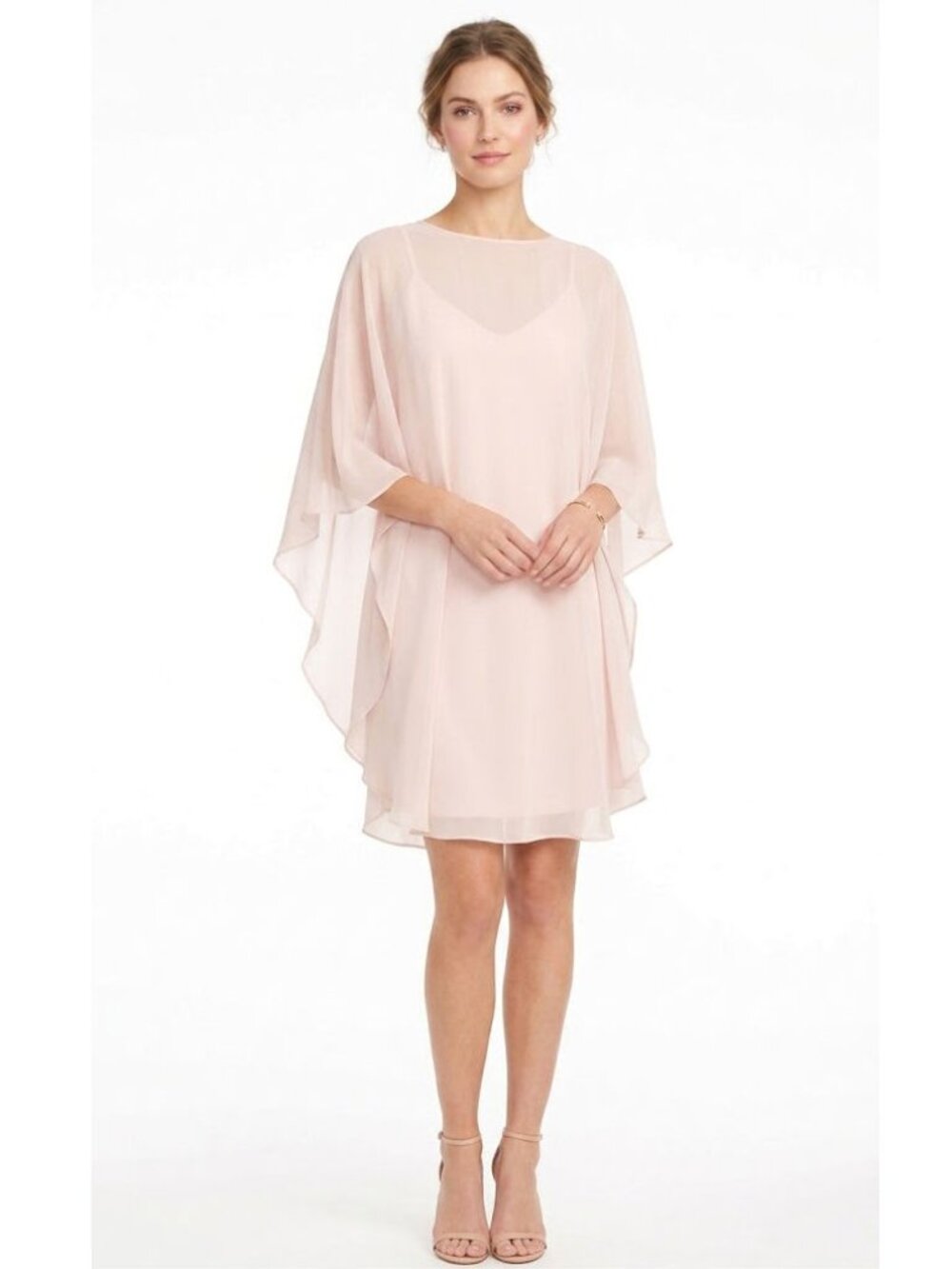 Halston Heritage Cape Overlay Shift Dress Light Pink Blush Chiffon Womens Size 2